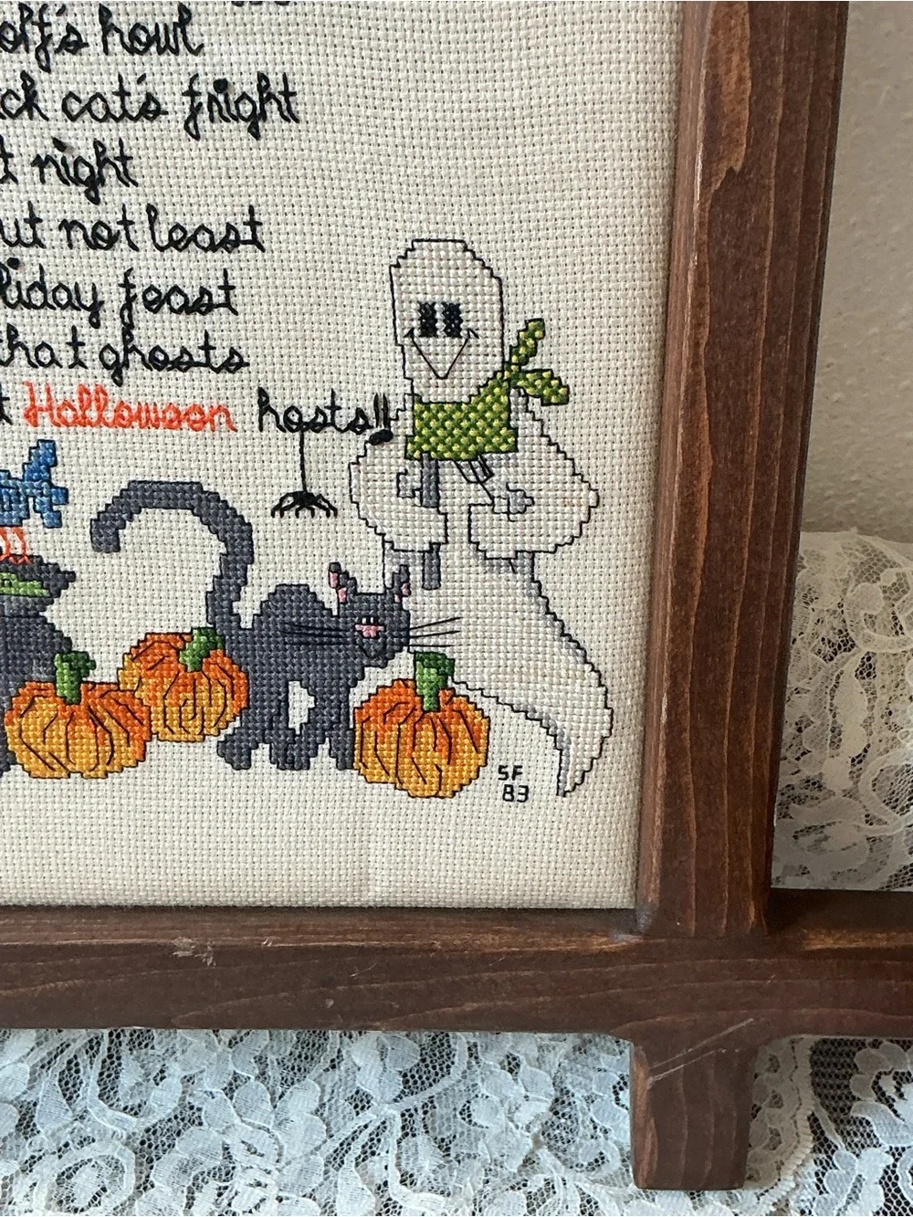 Vintage Completed Halloween Brew Cross Stitch Framed Wood Ox-Bow 1983 Whimsical